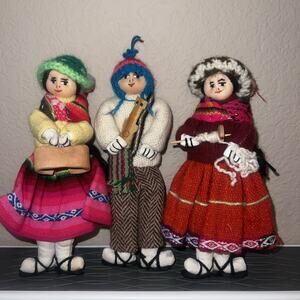 Lot Of 3 Vintage Peruvian Handmade Cloth Stuffed Dolls 7”